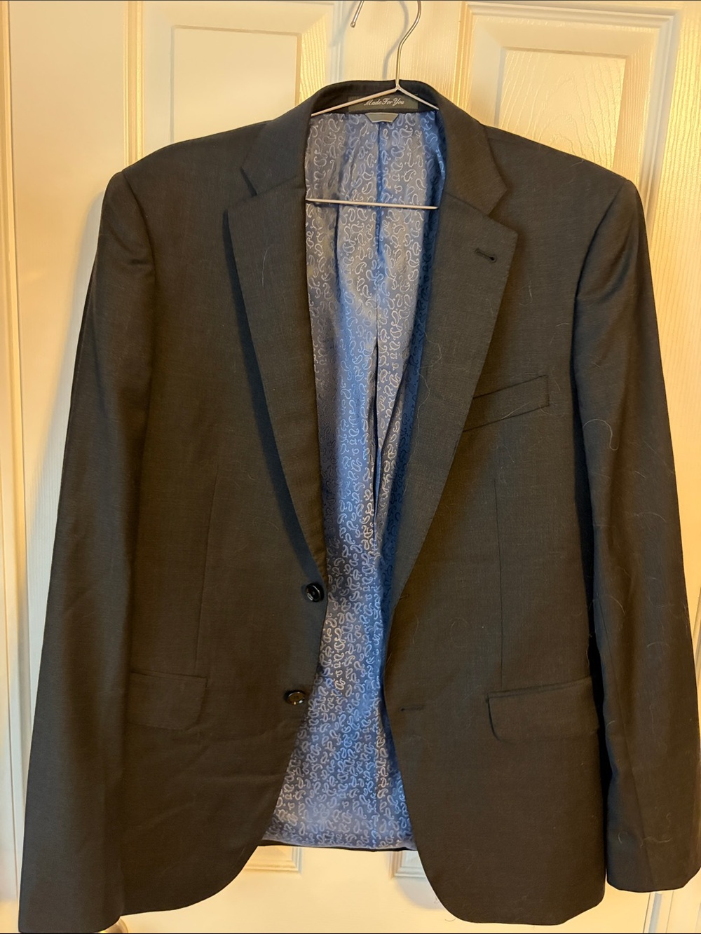 Men's Charcoal Two-Button Blazer with Blue Paisley Lining